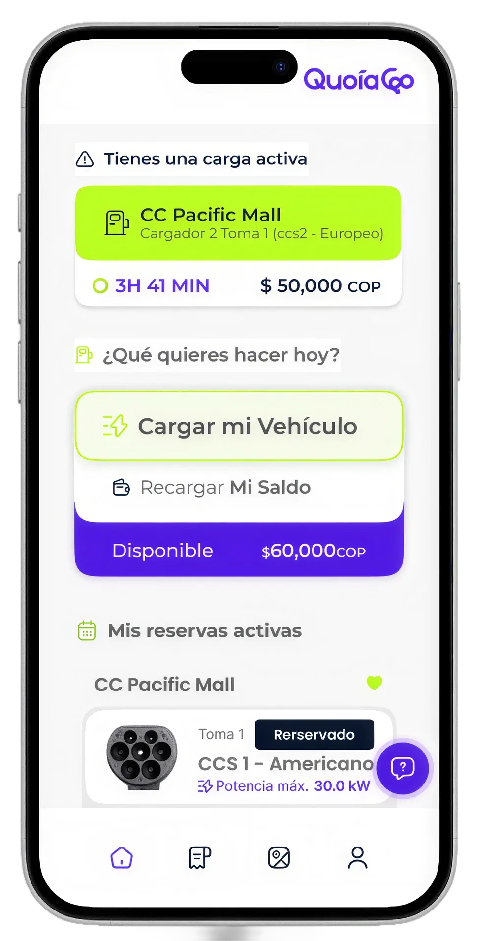 Pantalla de inicio de la app QuoiaGo mostrando una carga activa y el saldo disponible