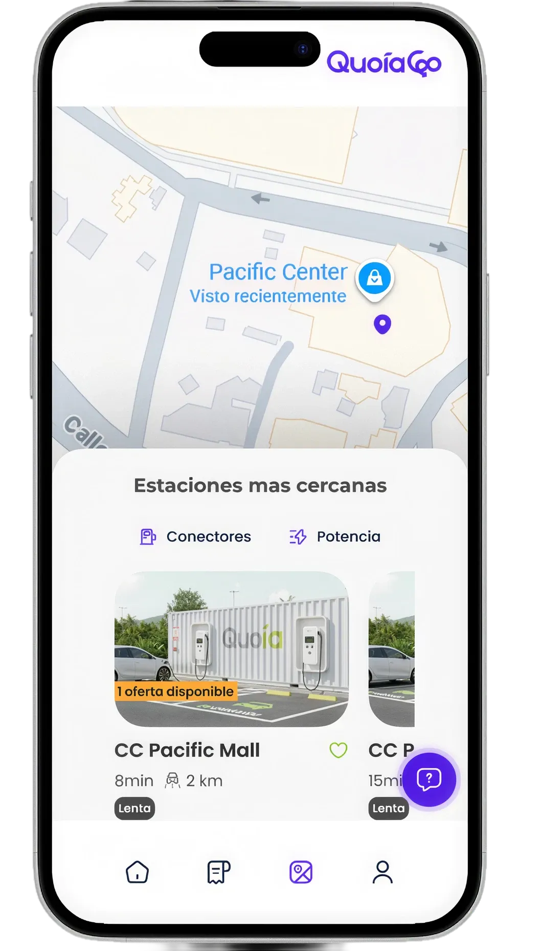 Mapa de la app QuoiaGo con los puntos de carga cercanos