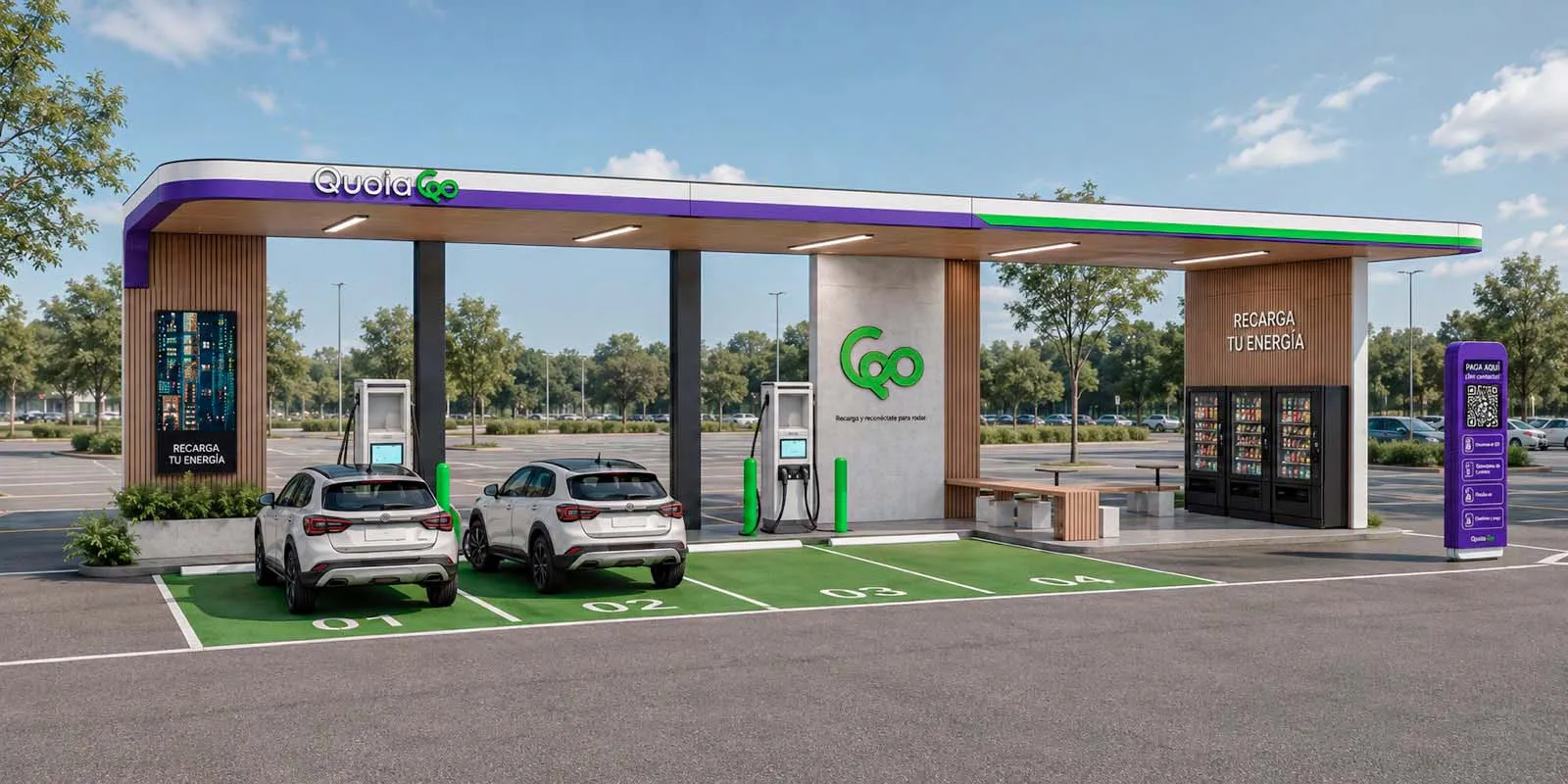 Estación de carga QuoiaGo con zona de descanso y máquinas dispensadoras