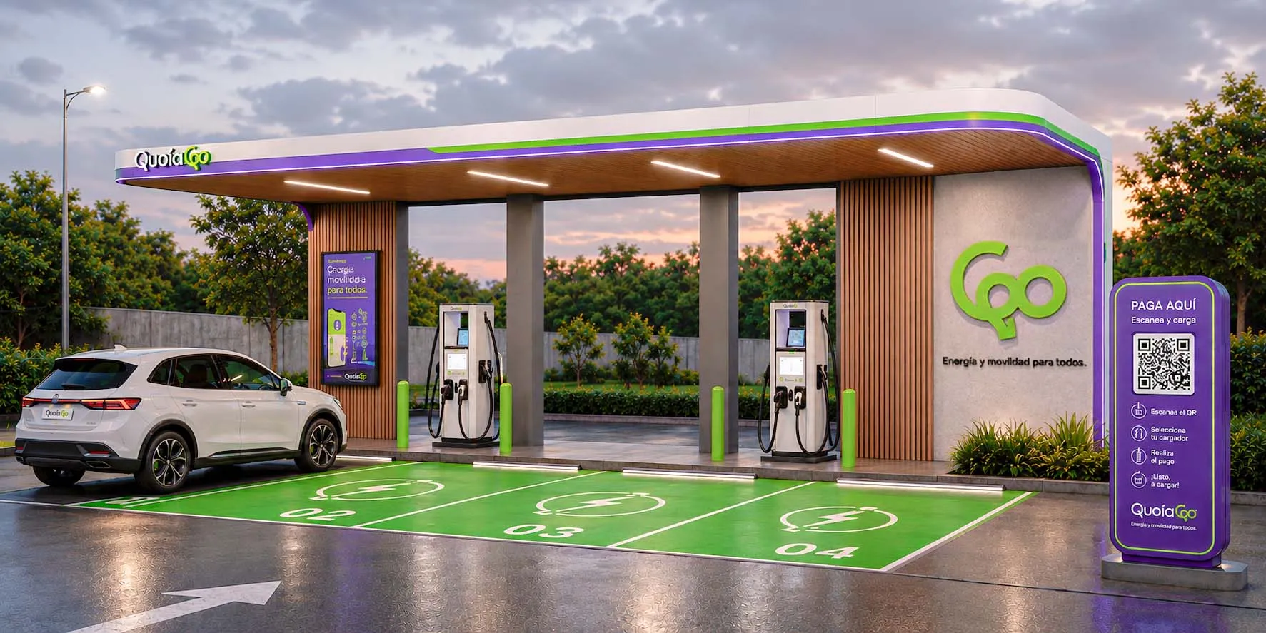 Estación de carga QuoiaGo al atardecer con un vehículo eléctrico conectado
